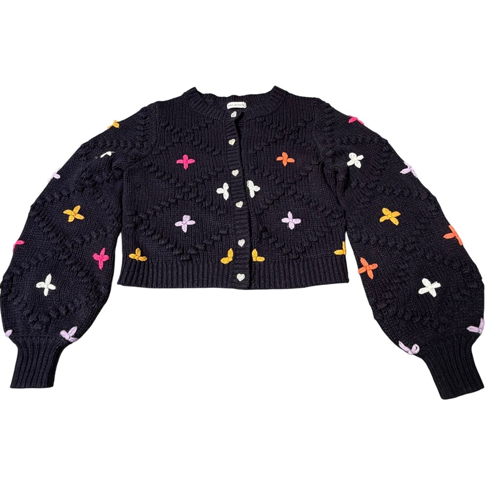 AVEC LES FILLES Cardigan Navy Blue Embroidered Heart Button S Chunky Colorful
